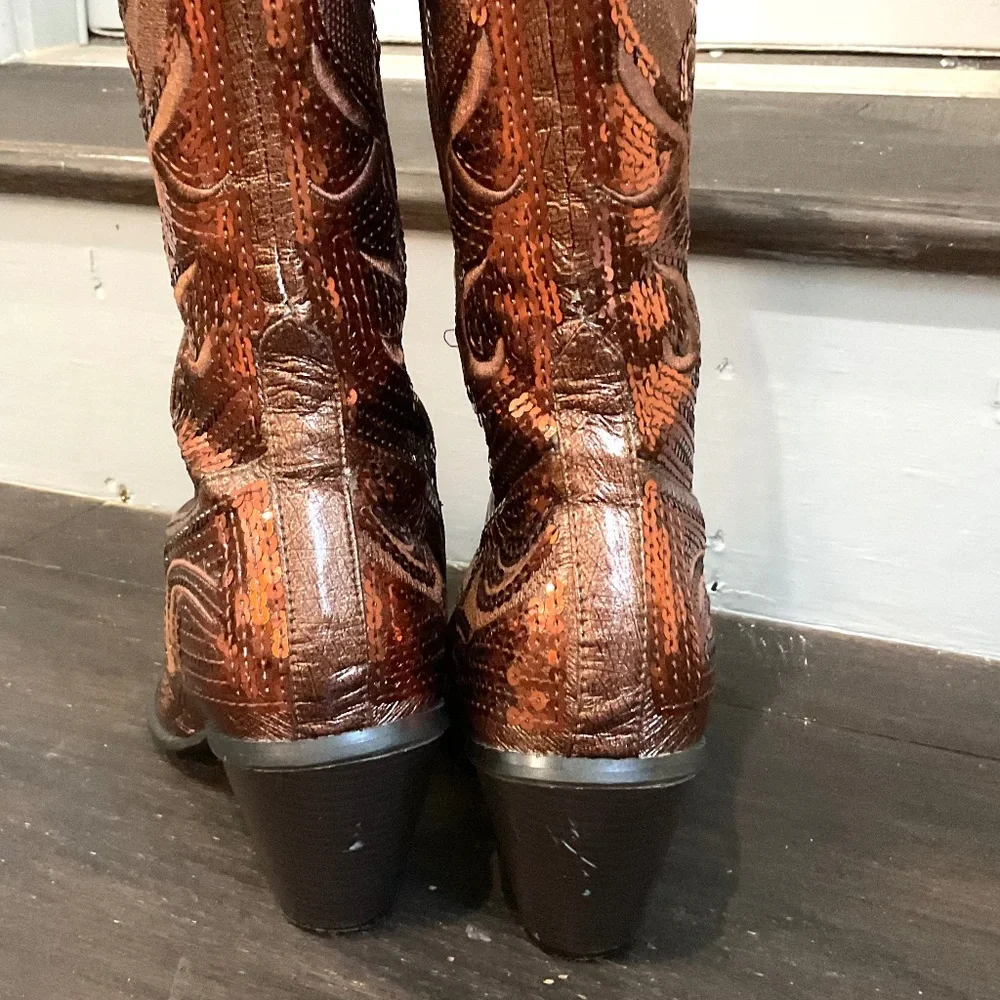 Brown /Cognac John Fashion Sequined Embroidered Pointed Toe Cowboy Boots Sz - Picture 10 of 16